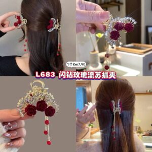 L683 闪钻玫瑰流苏抓夹