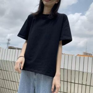 纯色短袖T恤女宽松上衣（黑色-3XL）