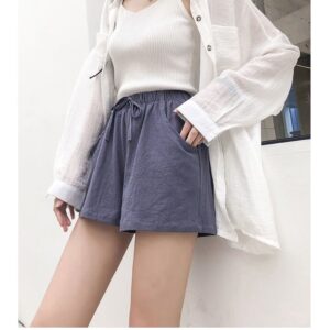 A362 棉麻松紧短裤（蓝色-L码）