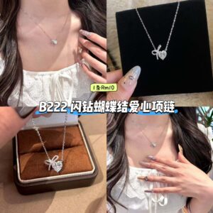 B222 闪钻蝴蝶结爱心项链